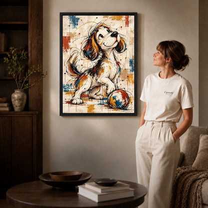 Black framed playful puppy ball artwork scene assigned to all six black framed canvas sizes.