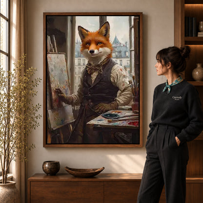 Fox Studio Painter artwork in a walnut frame beside a standing woman in a warm room.