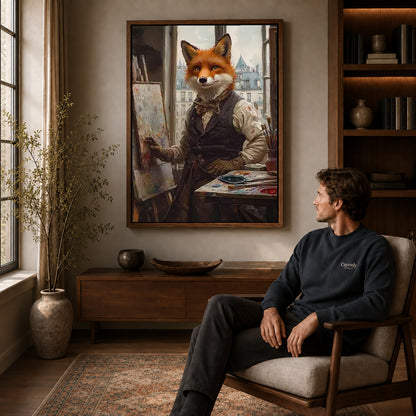 Walnut framed fox studio painter artwork above a seated man in a wood furnished living room.
