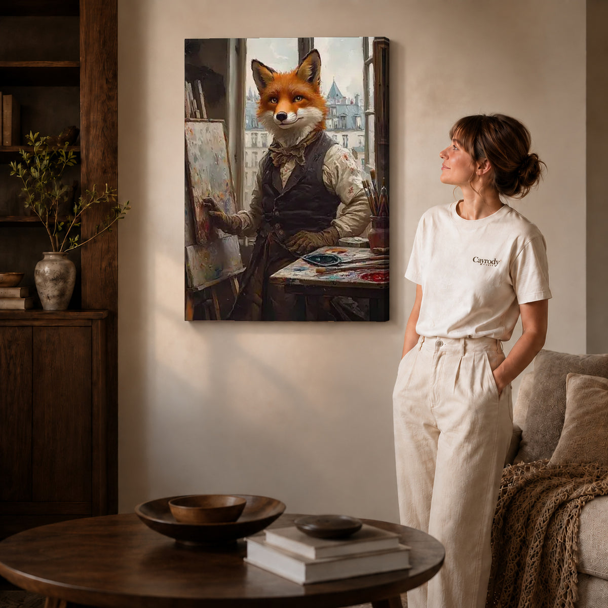 Gallery wrapped fox studio painter artwork with shaded canvas edges beside a woman wearing cream clothing.