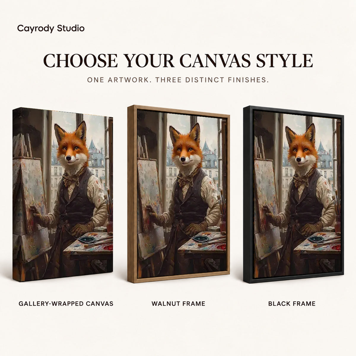 Fox Studio Painter artwork finish chart showing gallery wrapped canvas, walnut frame, and black frame options.