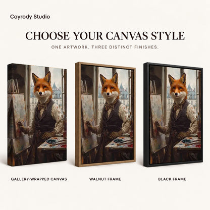 Fox Studio Painter artwork finish chart showing gallery wrapped canvas, walnut frame, and black frame options.