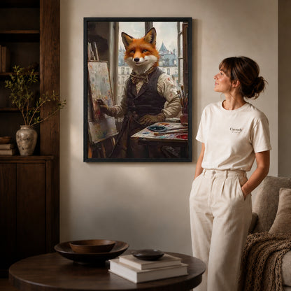 Black framed fox studio painter artwork scene assigned to all six black framed canvas sizes.