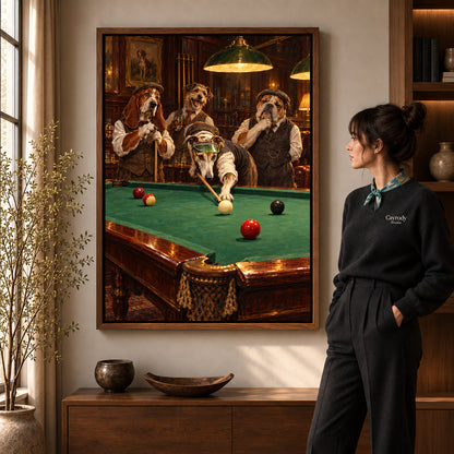 Billiard Dog Friends artwork in a walnut frame beside a standing woman in a warm room.