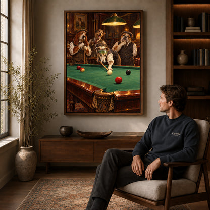 Walnut framed billiard dog friends artwork above a seated man in a wood furnished living room.
