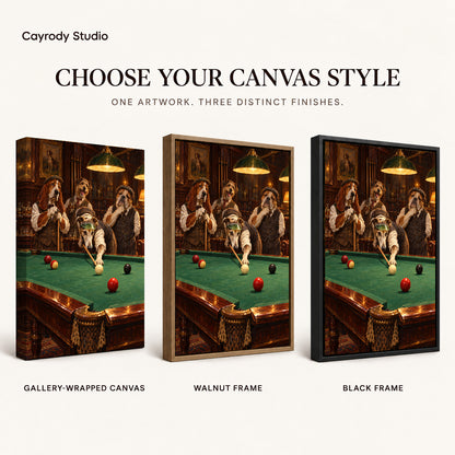 Billiard Dog Friends artwork finish chart showing gallery wrapped canvas, walnut frame, and black frame options.