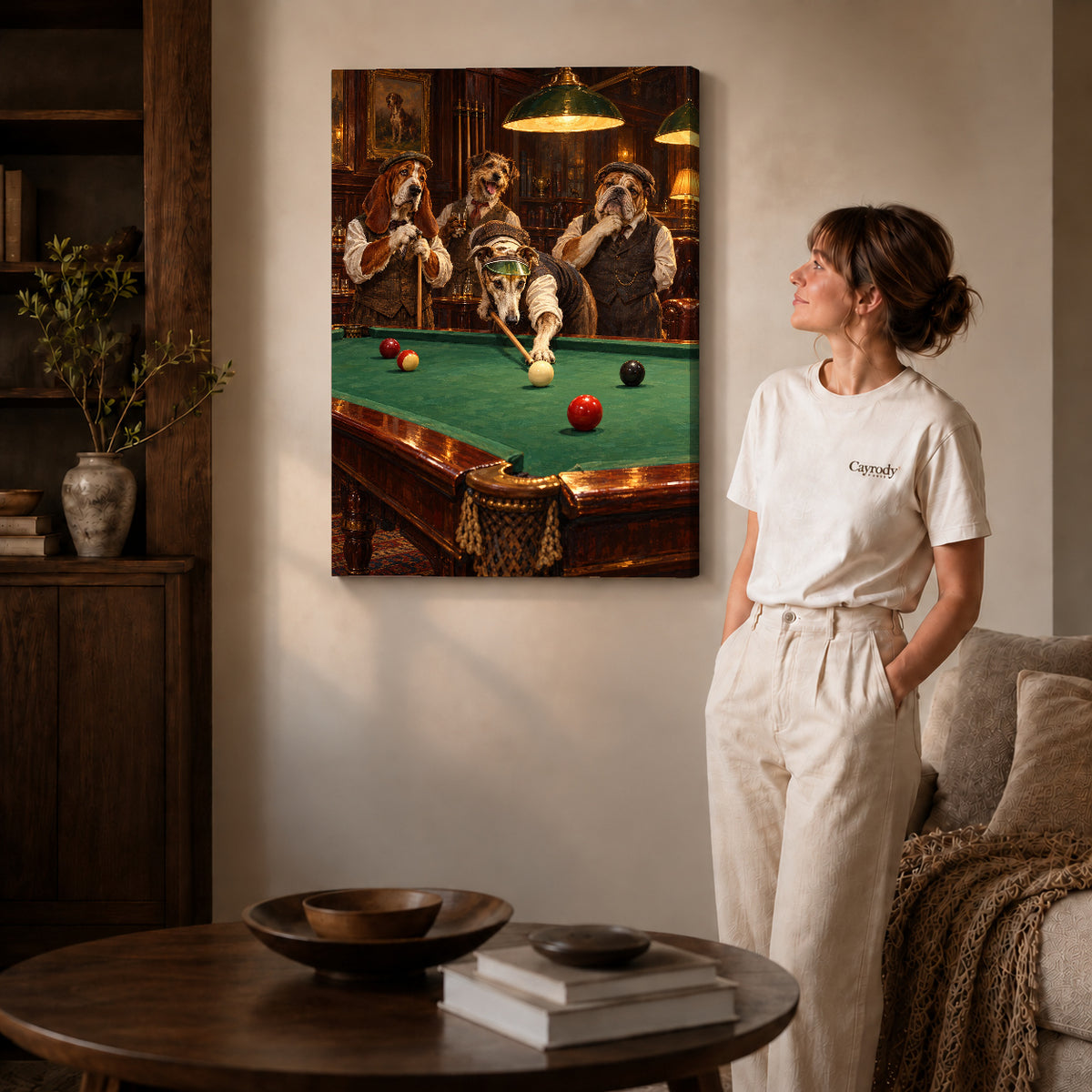 Gallery wrapped billiard dog friends artwork scene assigned to all six unframed wrapped canvas sizes.