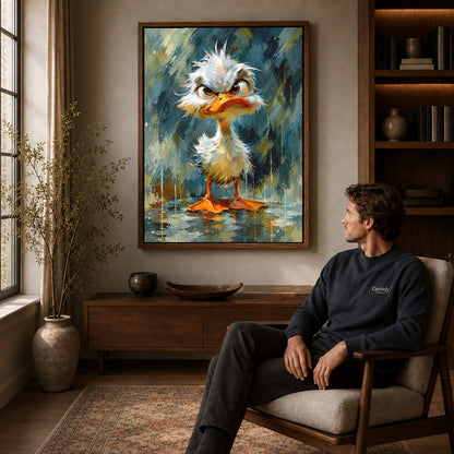 Walnut framed grumpy fluffy duck artwork above a seated man in a wood furnished living room.