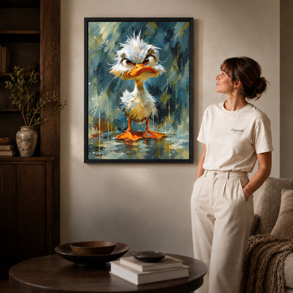 Black framed grumpy fluffy duck artwork beside a woman in a warm neutral living room.