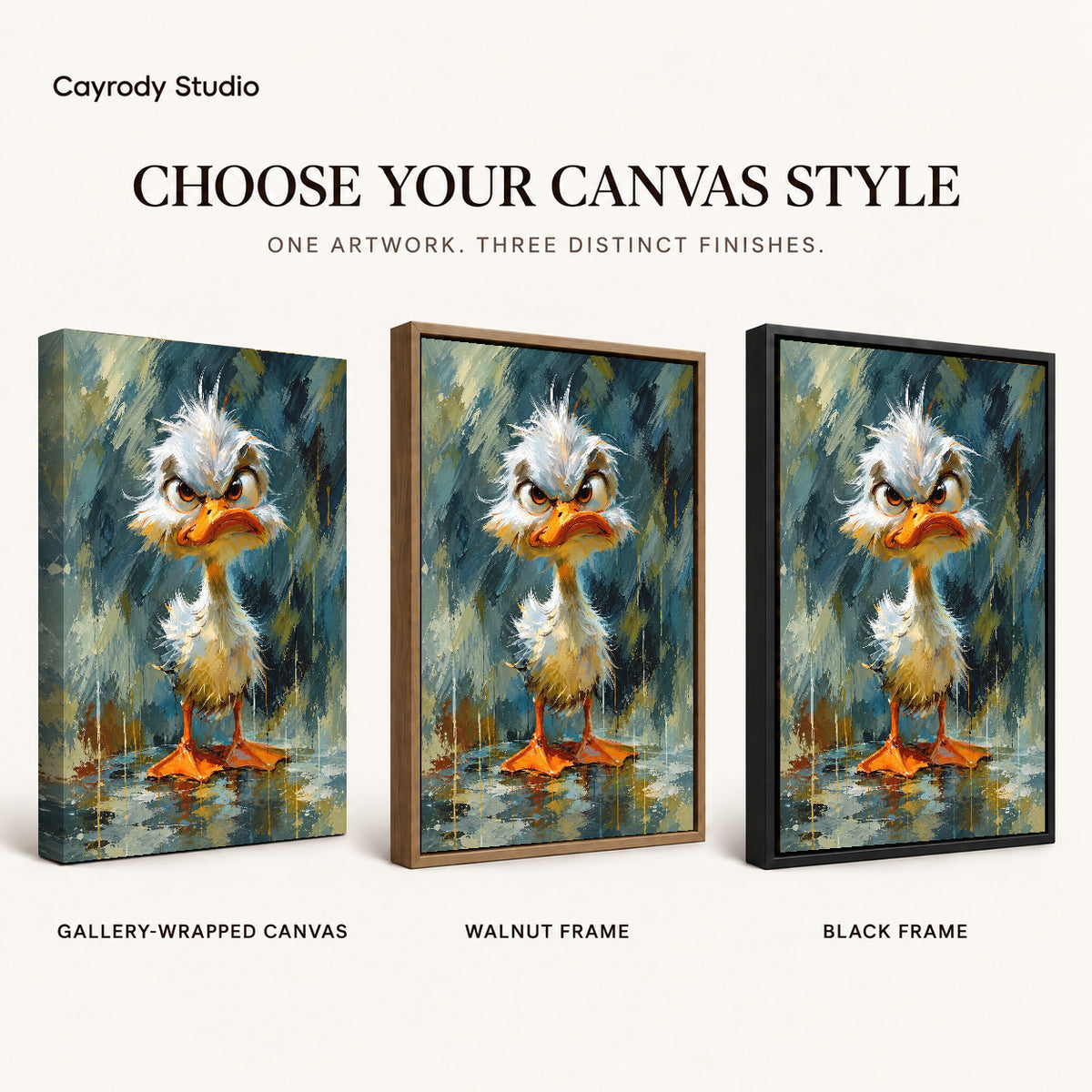 Grumpy Fluffy Duck artwork finish chart showing gallery wrapped canvas, walnut frame, and black frame options.
