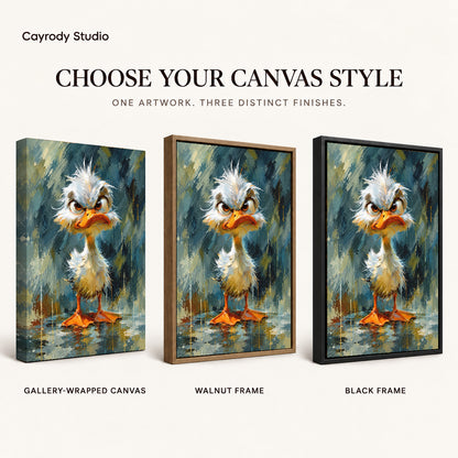 Grumpy Fluffy Duck artwork finish chart showing gallery wrapped canvas, walnut frame, and black frame options.