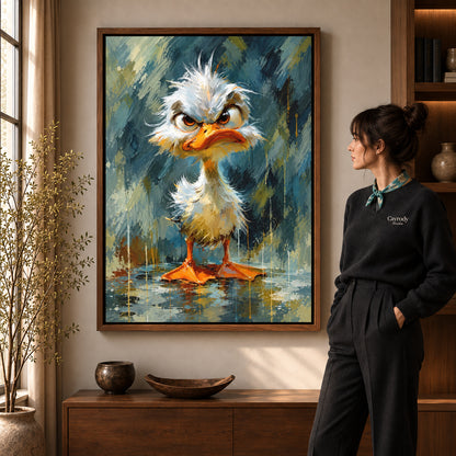 Walnut framed grumpy fluffy duck artwork scene assigned to all six walnut framed canvas sizes.