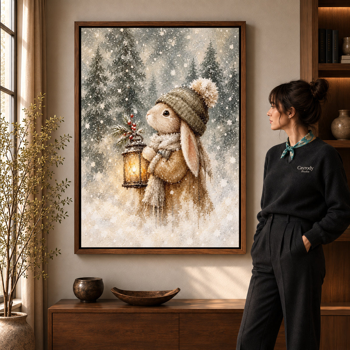Winter Lantern Rabbit artwork in a walnut frame beside a standing woman in a warm room.