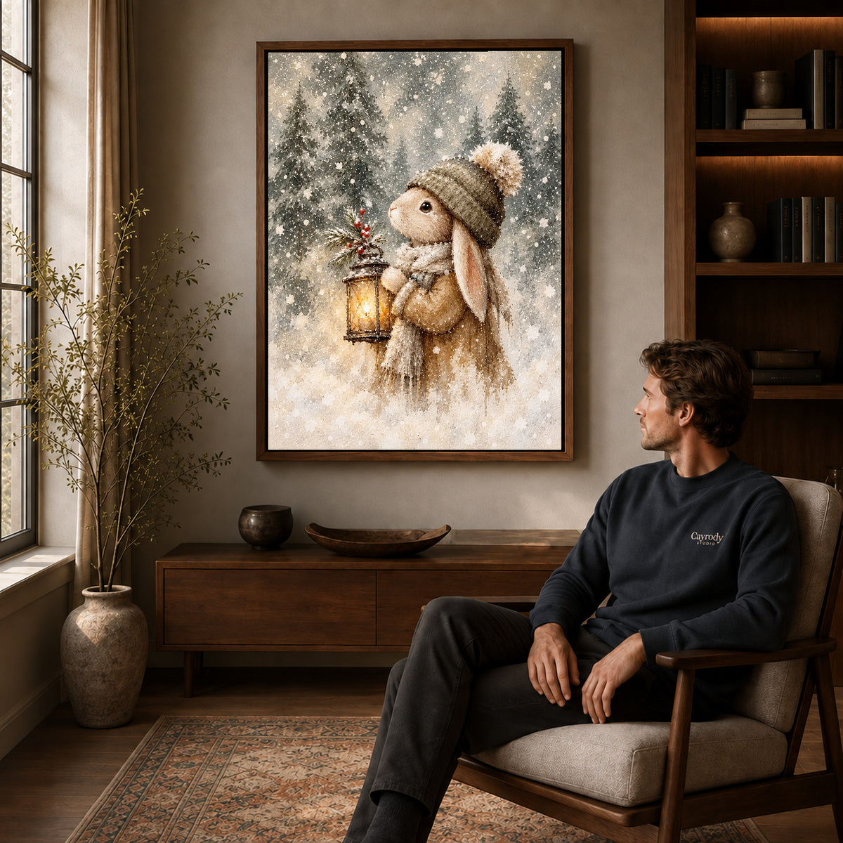 Walnut framed winter lantern rabbit artwork above a seated man in a wood furnished living room.