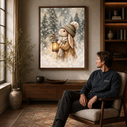 Walnut framed winter lantern rabbit artwork above a seated man in a wood furnished living room.