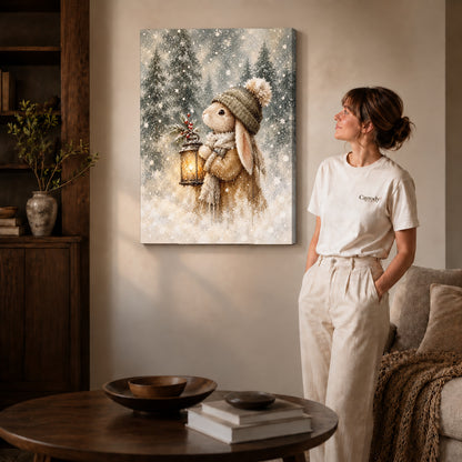 Gallery wrapped winter lantern rabbit artwork with shaded canvas edges beside a woman wearing cream clothing.