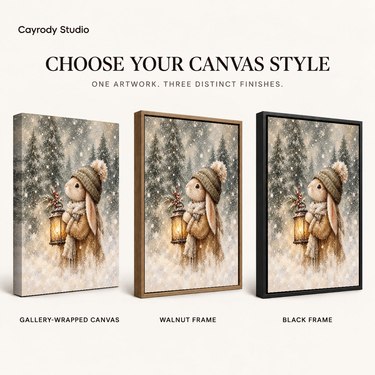 Winter Lantern Rabbit artwork finish chart showing gallery wrapped canvas, walnut frame, and black frame options.