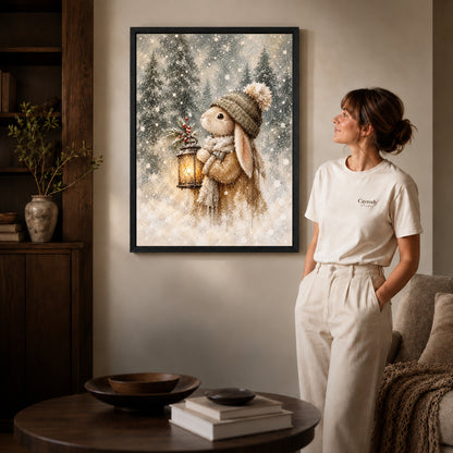 Black framed winter lantern rabbit artwork scene assigned to all six black framed canvas sizes.