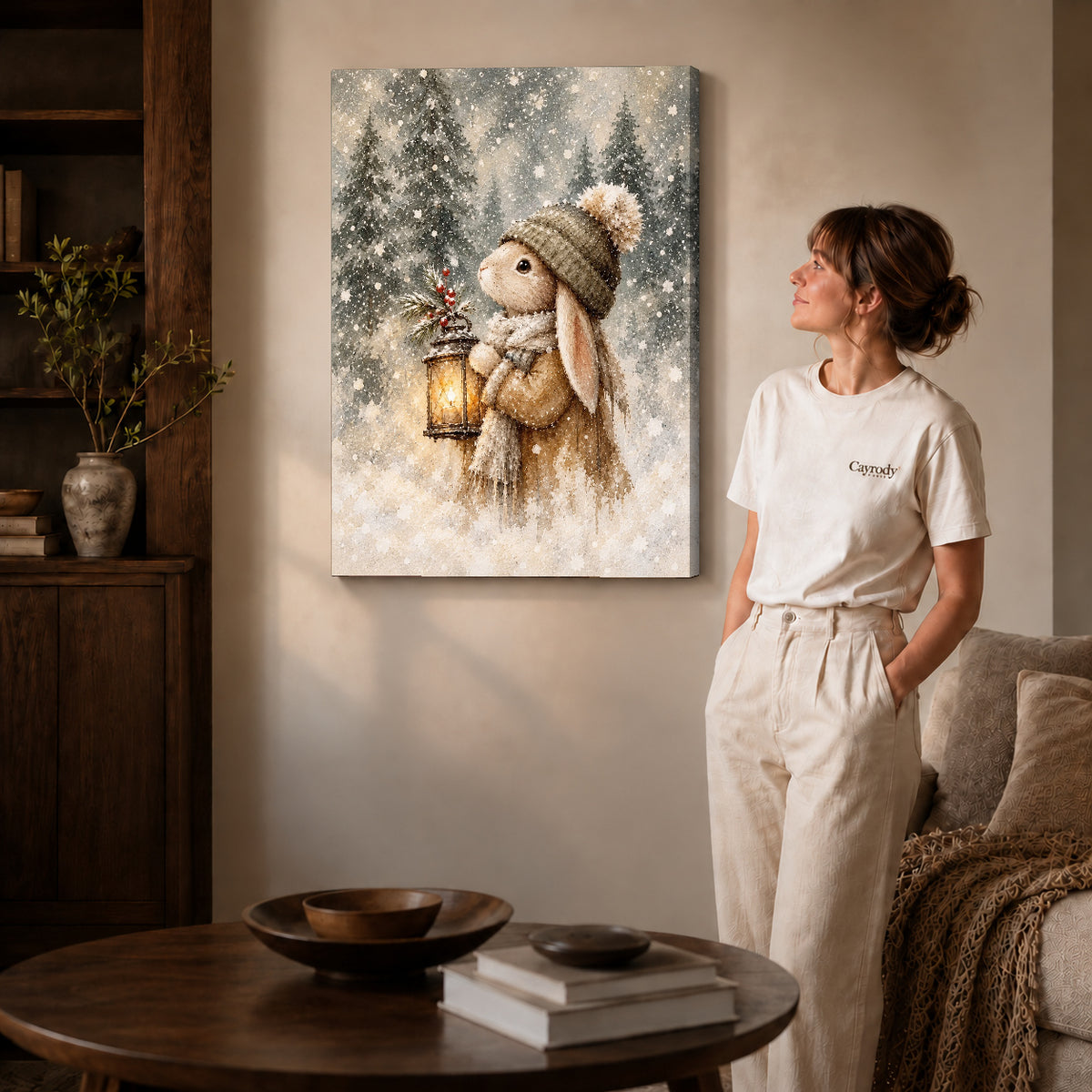 Gallery wrapped winter lantern rabbit artwork scene assigned to all six unframed wrapped canvas sizes.