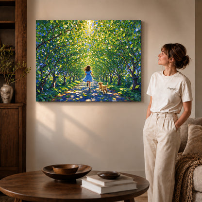 Gallery wrapped sunlit woodland run artwork with shaded canvas edges beside a woman wearing cream clothing.
