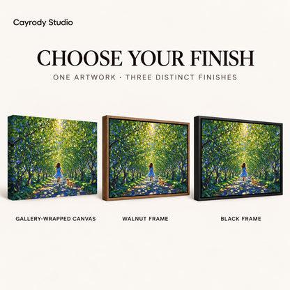 Sunlit Woodland Run artwork finish chart showing gallery wrapped canvas, walnut frame, and black frame options.