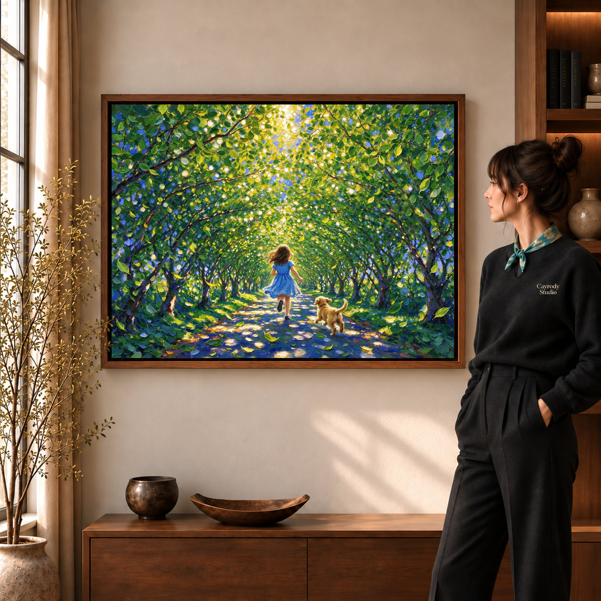 Walnut framed sunlit woodland run artwork scene assigned to all six walnut framed canvas sizes.