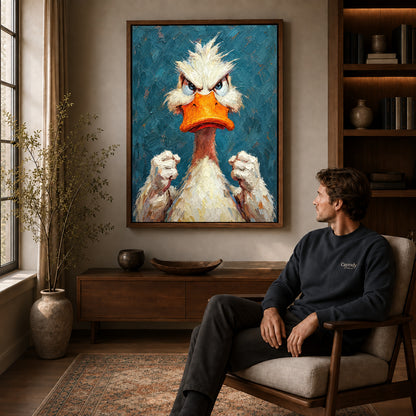 Walnut framed feisty duck portrait artwork above a seated man in a wood furnished living room.