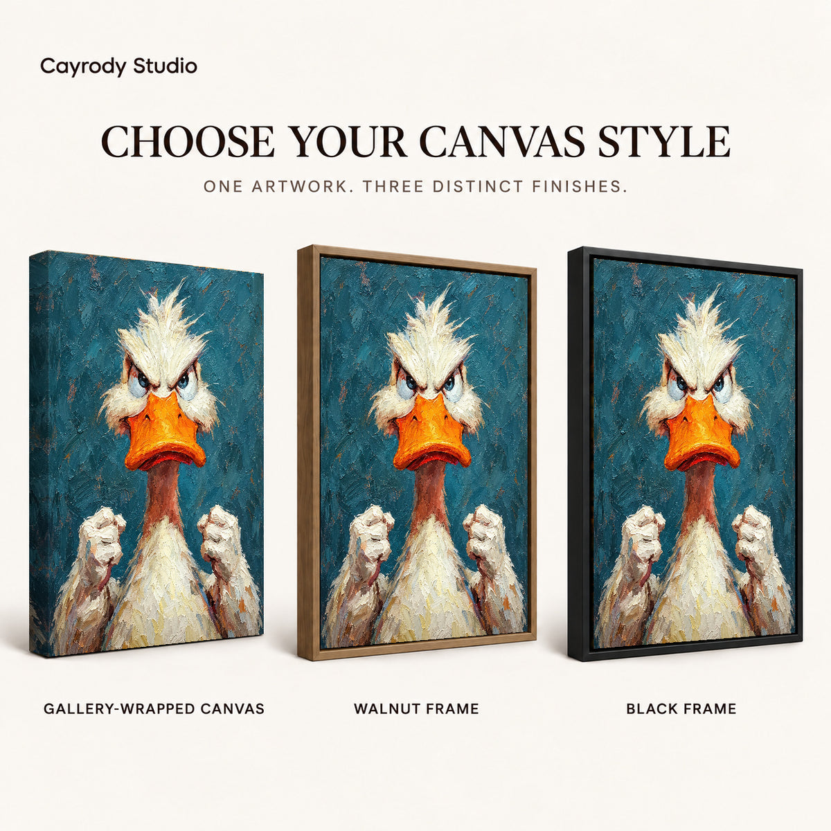 Feisty Duck Portrait artwork finish chart showing gallery wrapped canvas, walnut frame, and black frame options.