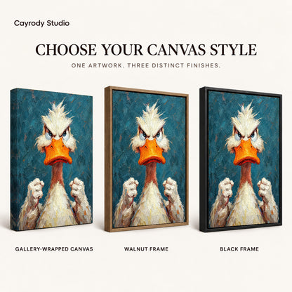 Feisty Duck Portrait artwork finish chart showing gallery wrapped canvas, walnut frame, and black frame options.