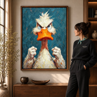 Walnut framed feisty duck portrait artwork scene assigned to all six walnut framed canvas sizes.