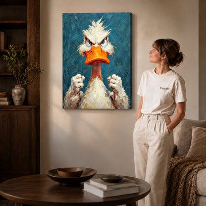 Gallery wrapped feisty duck portrait artwork scene assigned to all six unframed wrapped canvas sizes.