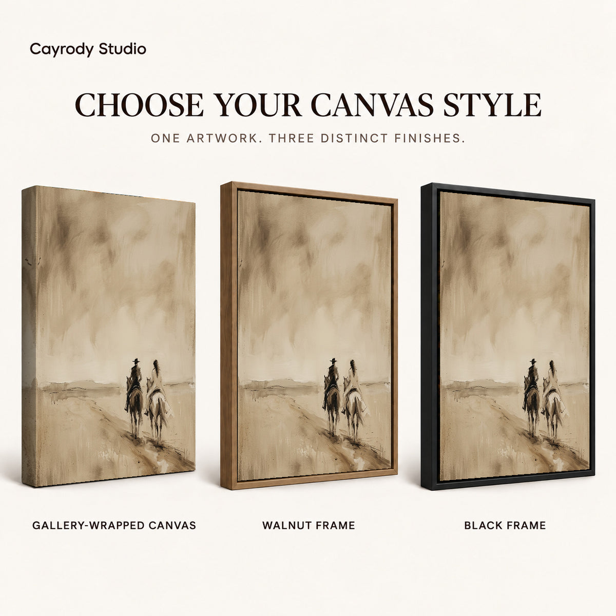Quiet Western Riders artwork finish chart showing gallery wrapped canvas, walnut frame, and black frame options.