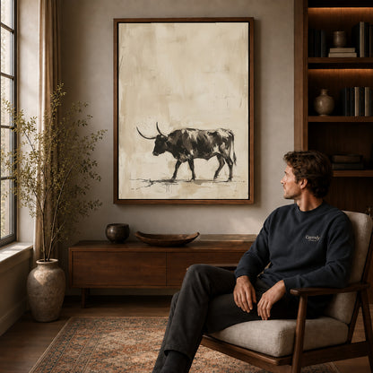 Walnut framed neutral longhorn bull artwork above a seated man in a wood furnished living room.