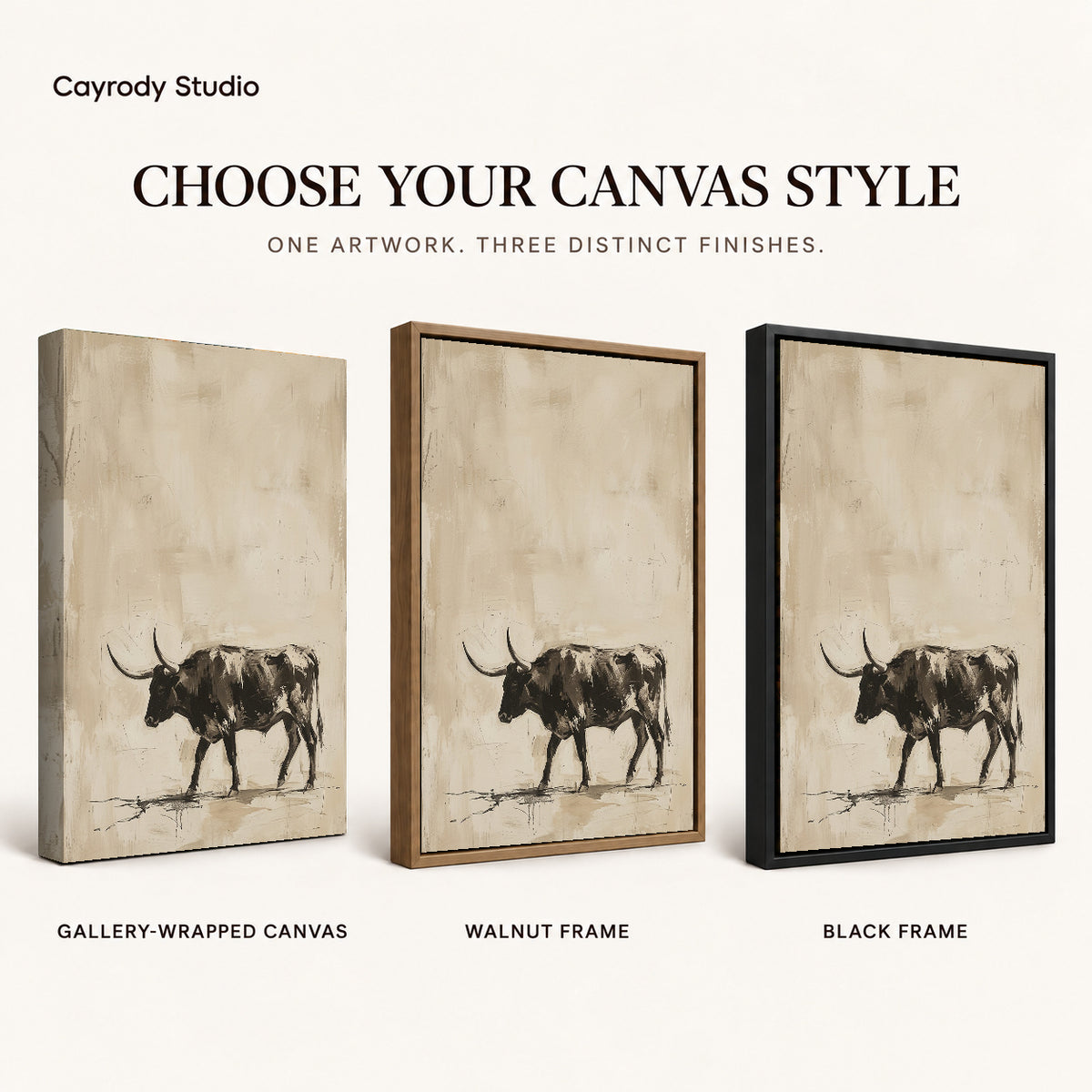 Neutral Longhorn Bull artwork finish chart showing gallery wrapped canvas, walnut frame, and black frame options.