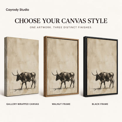 Neutral Longhorn Bull artwork finish chart showing gallery wrapped canvas, walnut frame, and black frame options.