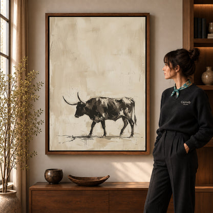 Walnut framed neutral longhorn bull artwork scene assigned to all six walnut framed canvas sizes.