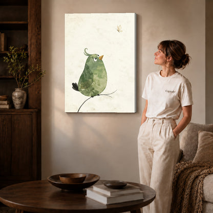 Gallery wrapped butterfly watching bird artwork with shaded canvas edges beside a woman wearing cream clothing.