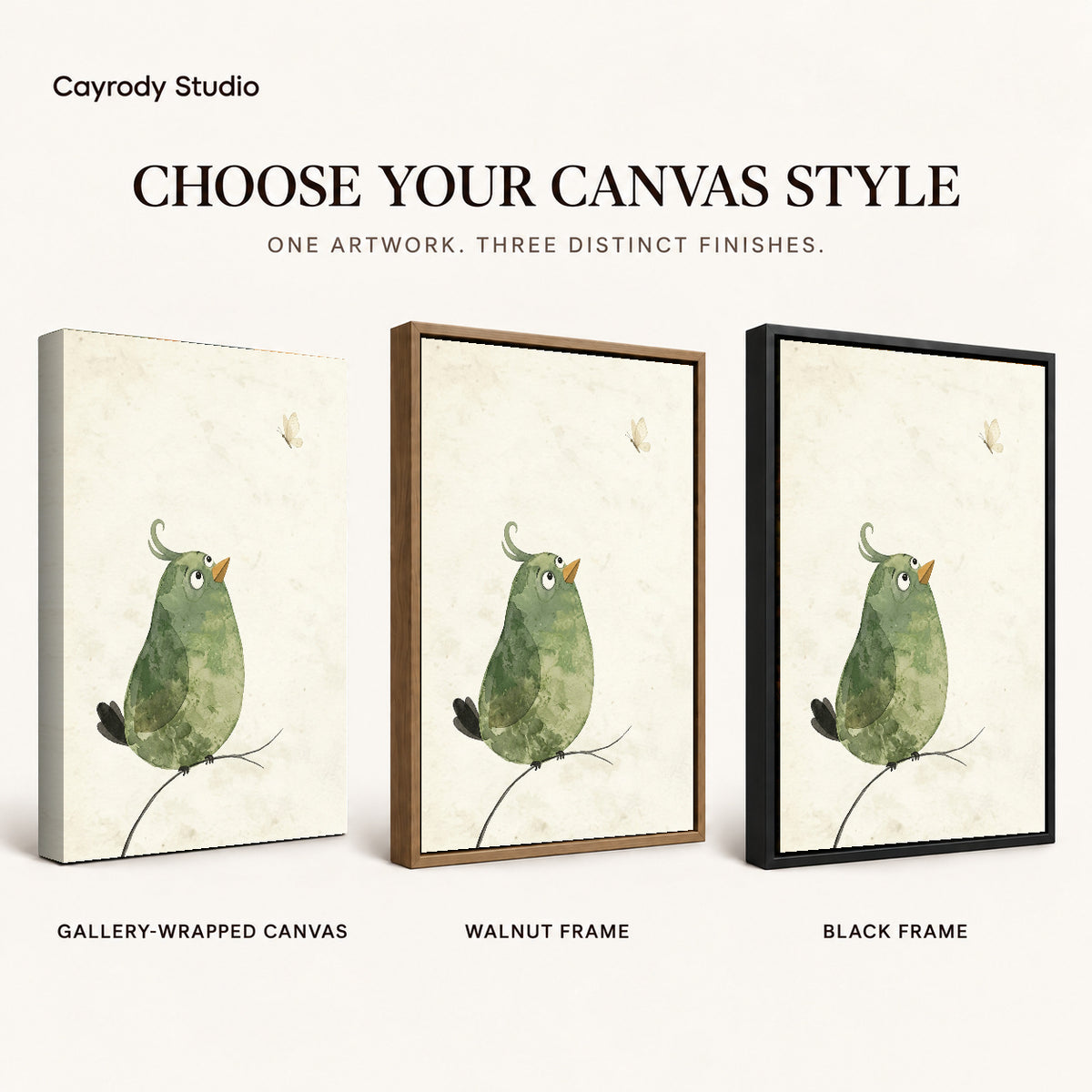 Butterfly Watching Bird artwork finish chart showing gallery wrapped canvas, walnut frame, and black frame options.