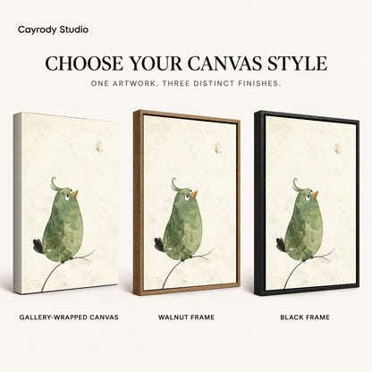 Butterfly Watching Bird artwork finish chart showing gallery wrapped canvas, walnut frame, and black frame options.