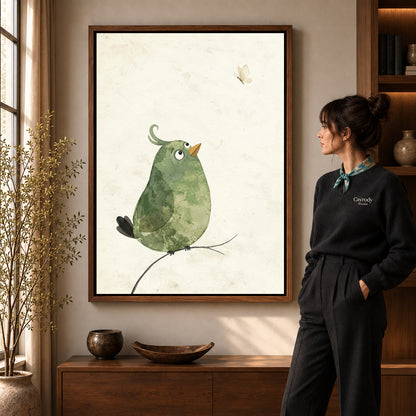 Walnut framed butterfly watching bird artwork scene assigned to all six walnut framed canvas sizes.
