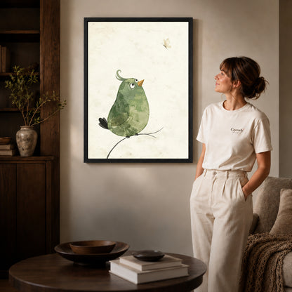 Black framed butterfly watching bird artwork scene assigned to all six black framed canvas sizes.