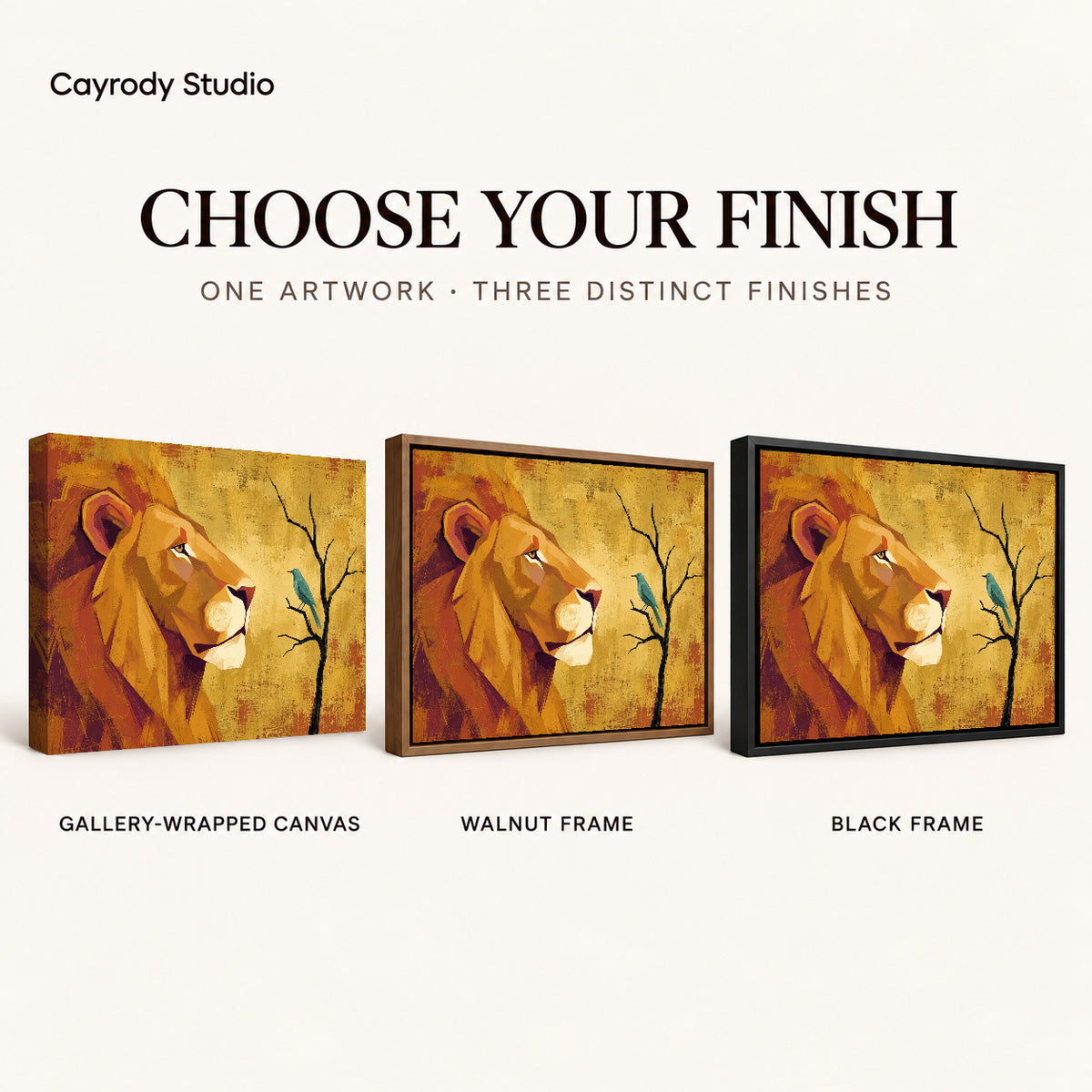 Lion Bird Encounter artwork finish chart showing gallery wrapped canvas, walnut frame, and black frame options.
