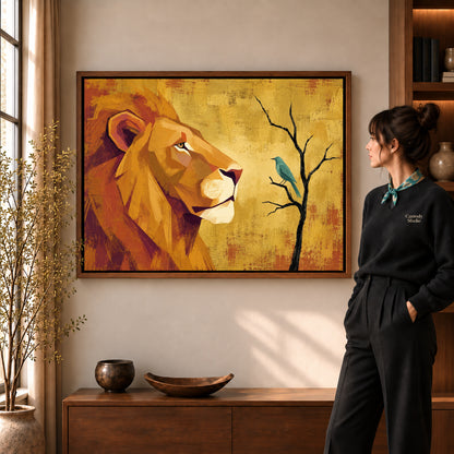 Walnut framed lion bird encounter artwork scene assigned to all six walnut framed canvas sizes.