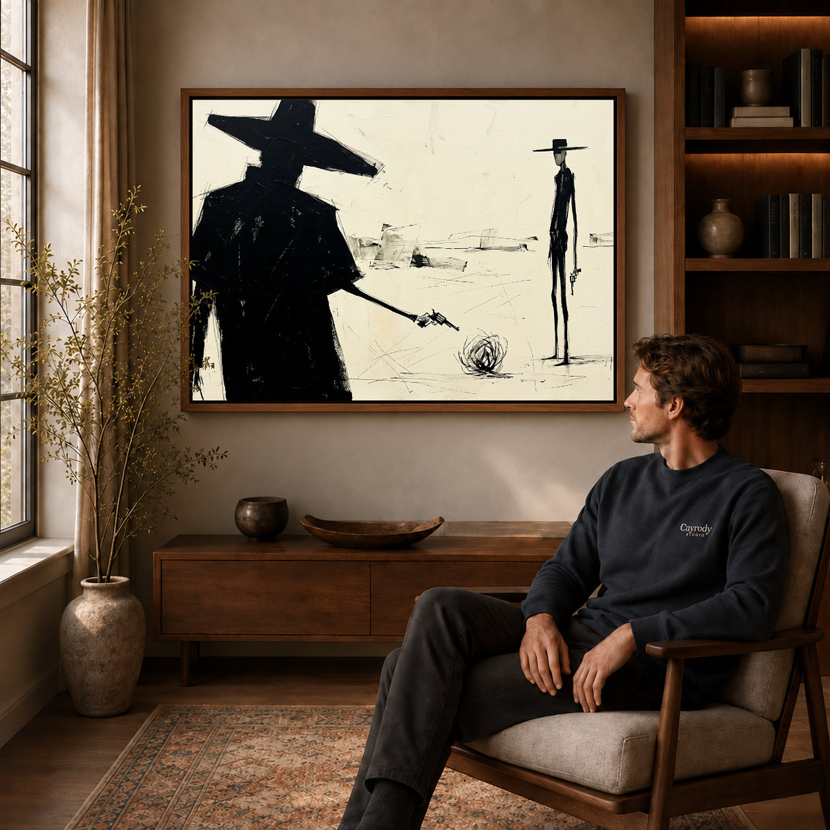 Walnut framed western desert standoff artwork above a seated man in a wood furnished living room.