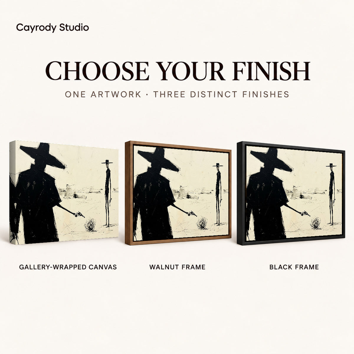 Western Desert Standoff artwork finish chart showing gallery wrapped canvas, walnut frame, and black frame options.