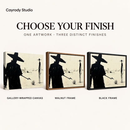 Western Desert Standoff artwork finish chart showing gallery wrapped canvas, walnut frame, and black frame options.