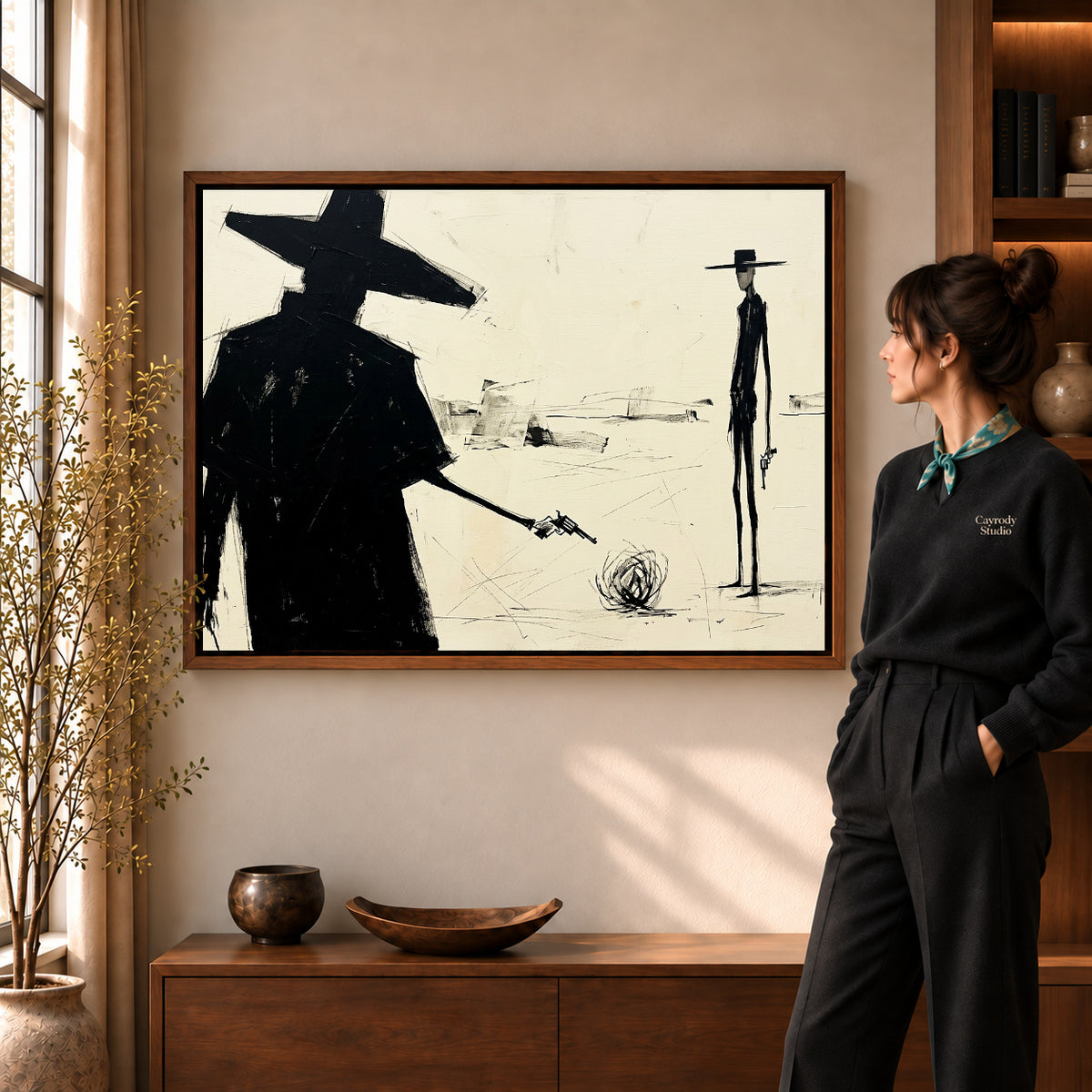 Walnut framed western desert standoff artwork scene assigned to all six walnut framed canvas sizes.