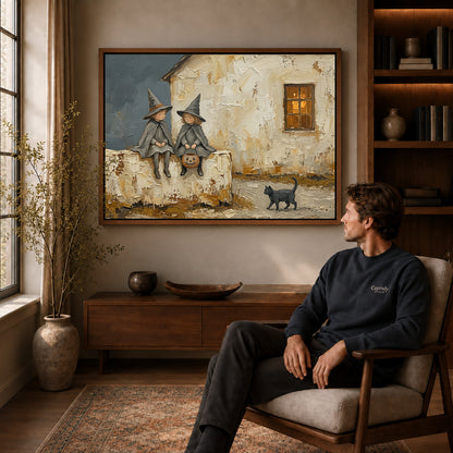 Walnut framed cottage witch friends artwork above a seated man in a wood furnished living room.