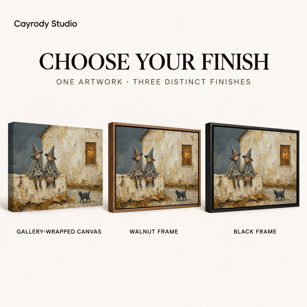 Cottage Witch Friends artwork finish chart showing gallery wrapped canvas, walnut frame, and black frame options.