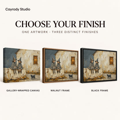 Cottage Witch Friends artwork finish chart showing gallery wrapped canvas, walnut frame, and black frame options.